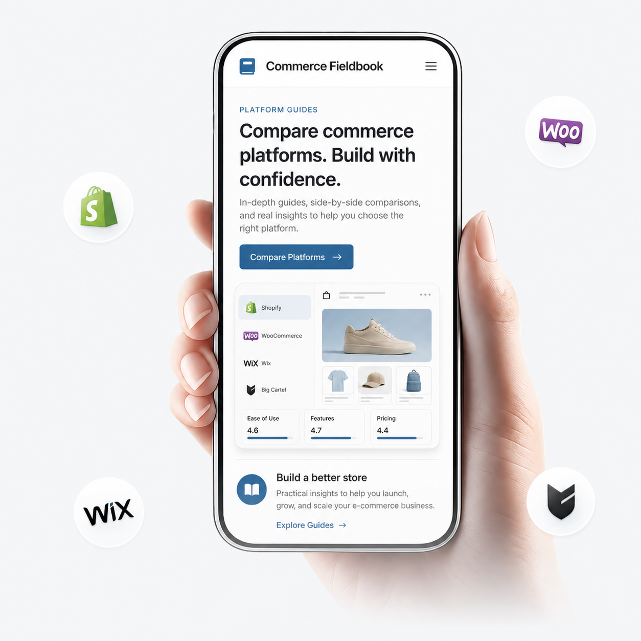 A hand holding a Commerce Fieldbook platform guide, surrounded by Shopify, WooCommerce, Wix, and Big Cartel logos